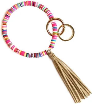 Boho keychain Rings Wristlet Key Chain Bracelets with Tassel Large Circle Wrist Bangle Keyring Holder for Women