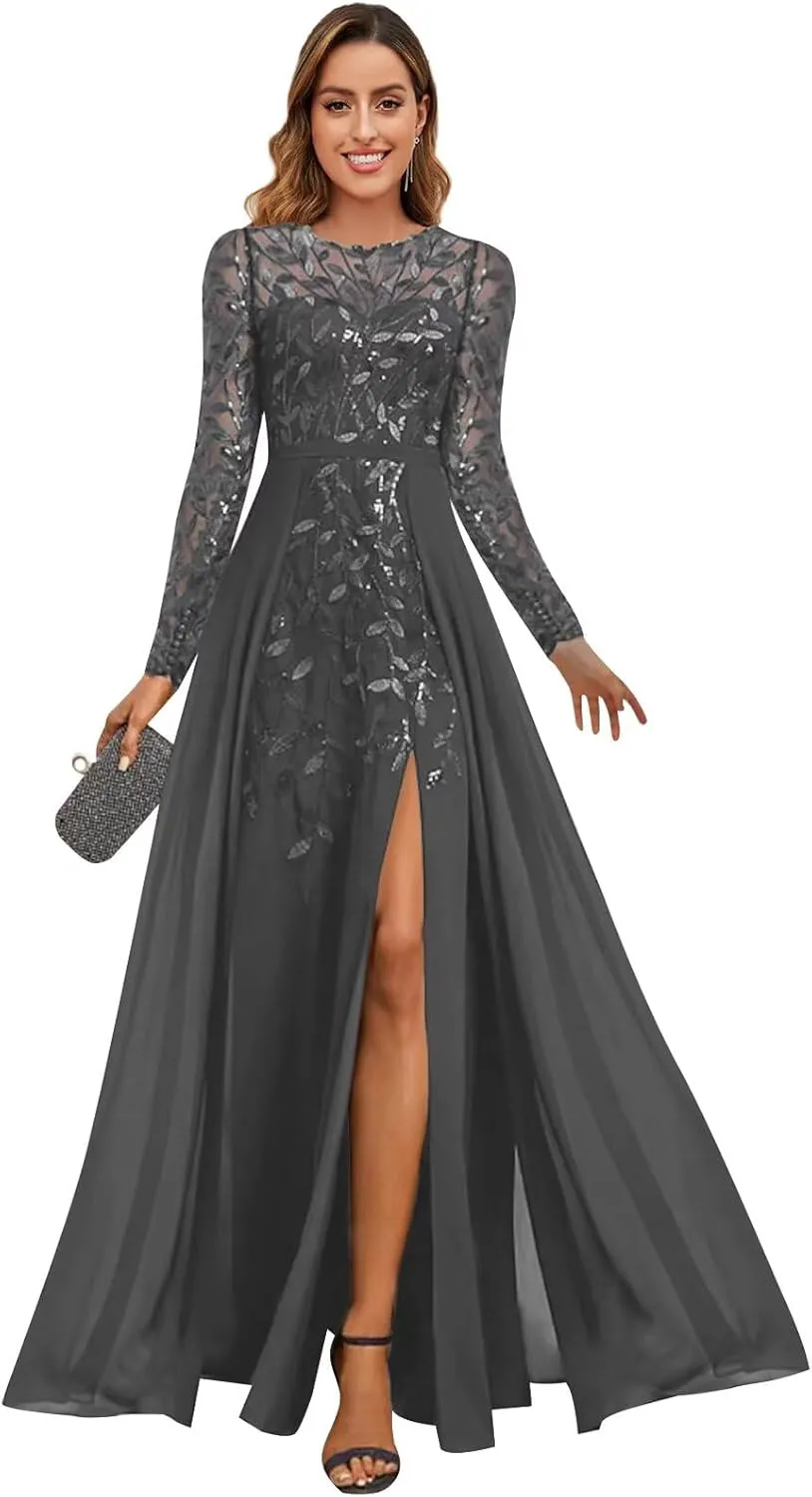 BOLENSYE Long Sleeve A Line Mother of The Bride Dresses with Slit Crew Neck Sequin Sparkly Evening Party Gown