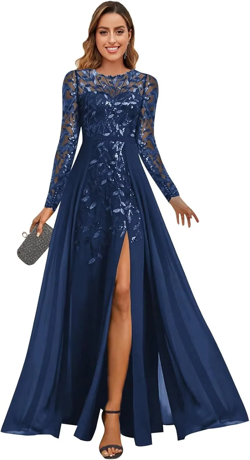 BOLENSYE Long Sleeve A Line Mother of The Bride Dresses with Slit Crew Neck Sequin Sparkly Evening Party Gown