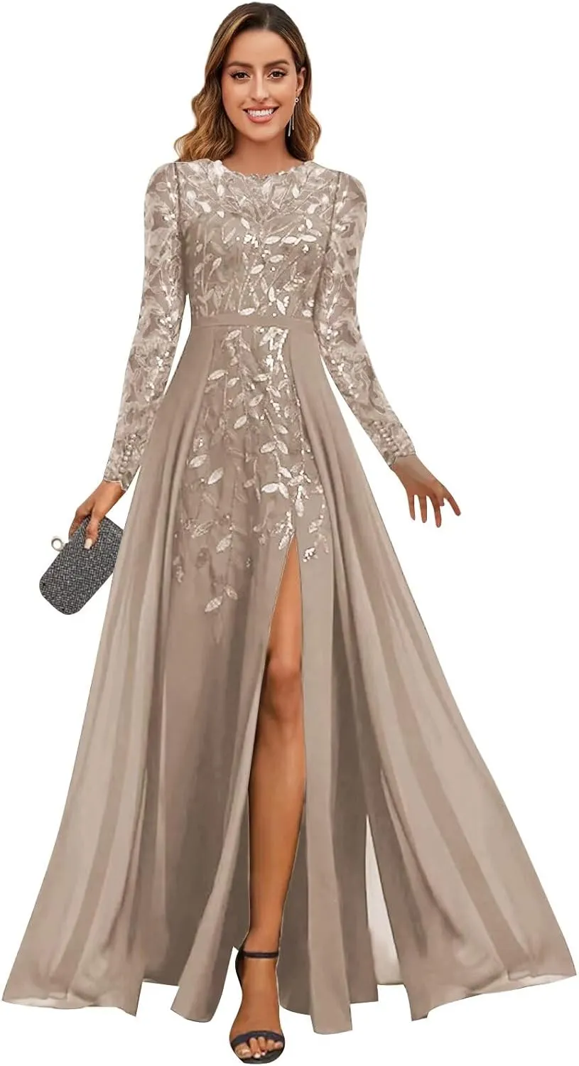 BOLENSYE Long Sleeve A Line Mother of The Bride Dresses with Slit Crew Neck Sequin Sparkly Evening Party Gown