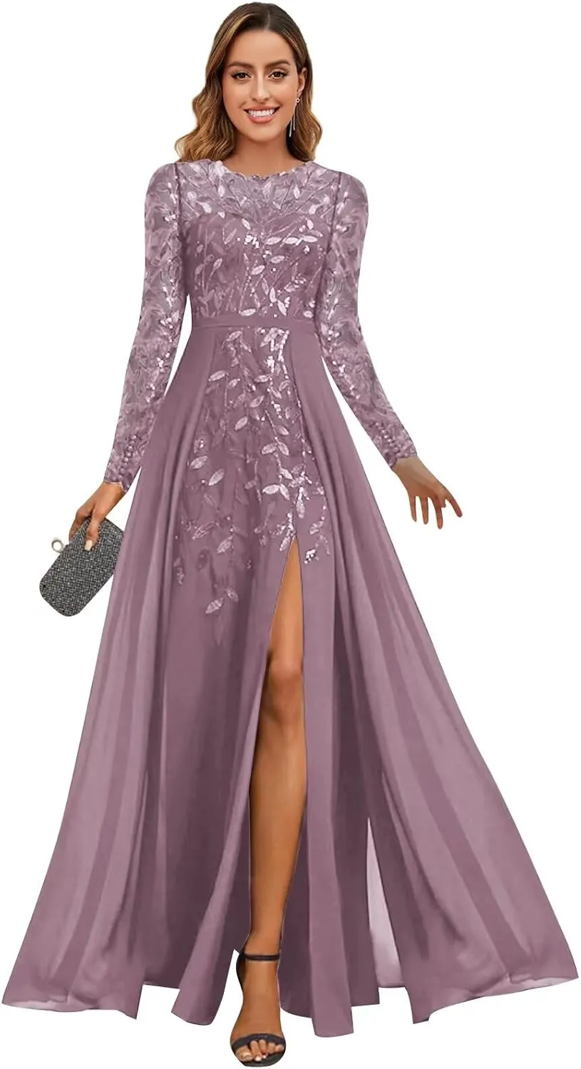 BOLENSYE Long Sleeve A Line Mother of The Bride Dresses with Slit Crew Neck Sequin Sparkly Evening Party Gown