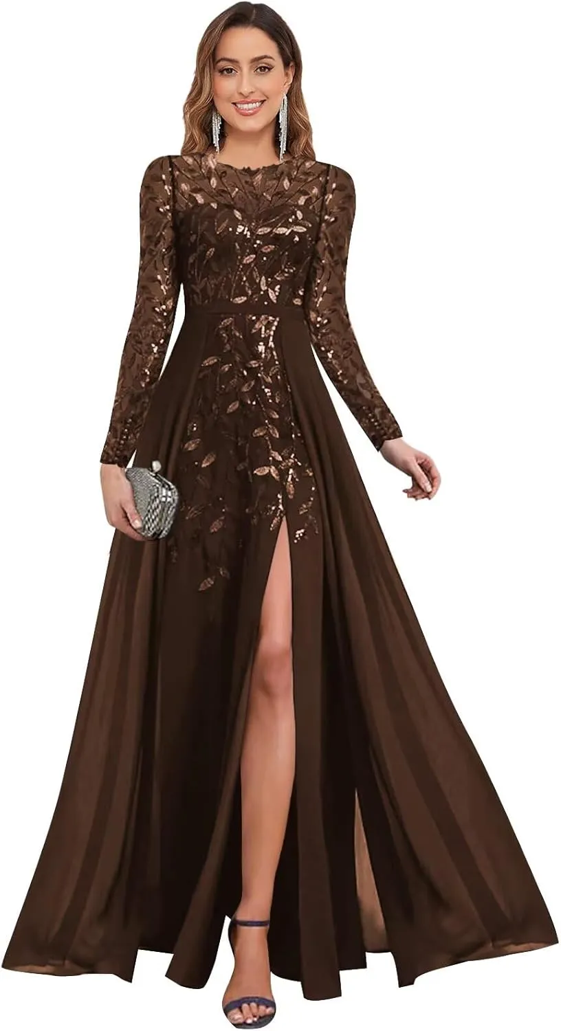 BOLENSYE Long Sleeve A Line Mother of The Bride Dresses with Slit Crew Neck Sequin Sparkly Evening Party Gown