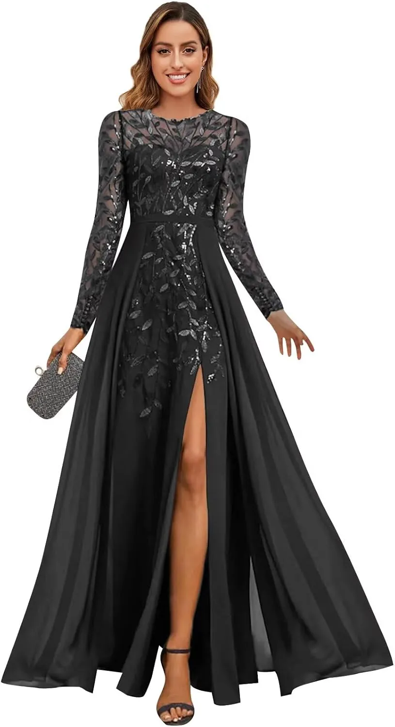BOLENSYE Long Sleeve A Line Mother of The Bride Dresses with Slit Crew Neck Sequin Sparkly Evening Party Gown