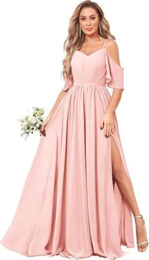 BOLENSYE Women's Off The Shoulder Bridesmaid Dresses Long with Slit Chiffon A-Line Formal Evening Gown
