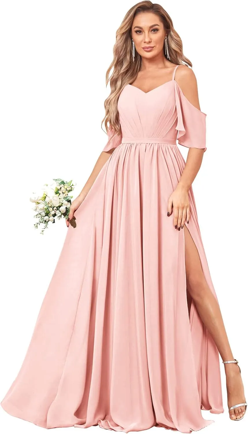 BOLENSYE Women's Off The Shoulder Bridesmaid Dresses Long with Slit Chiffon A-Line Formal Evening Gown
