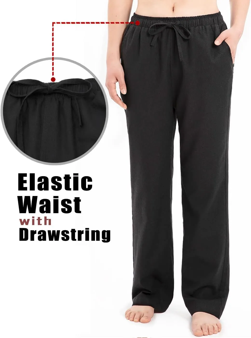 Bonnorth Women's Cotton Linen Elastic Drawstring Waist Loose Wide Leg Solid Pants with Pockets
