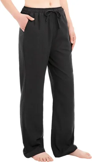 Bonnorth Women's Cotton Linen Elastic Drawstring Waist Loose Wide Leg Solid Pants with Pockets