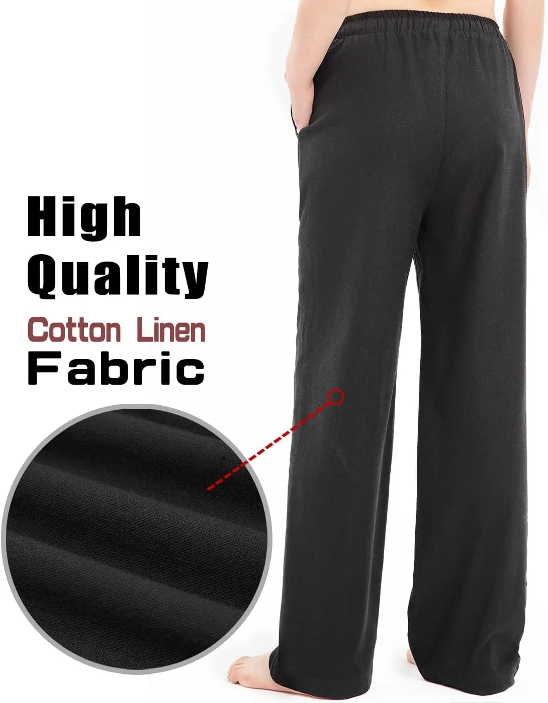 Bonnorth Women's Cotton Linen Elastic Drawstring Waist Loose Wide Leg Solid Pants with Pockets