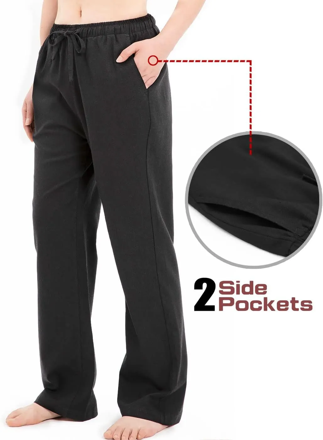 Bonnorth Women's Cotton Linen Elastic Drawstring Waist Loose Wide Leg Solid Pants with Pockets