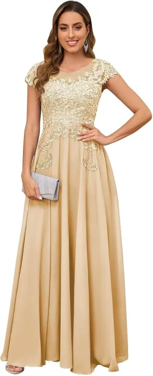 BONOYUER Lace Applique Mother of The Bride Dresses for Women Chiffon Formal Wedding Guest Dress with Pockets