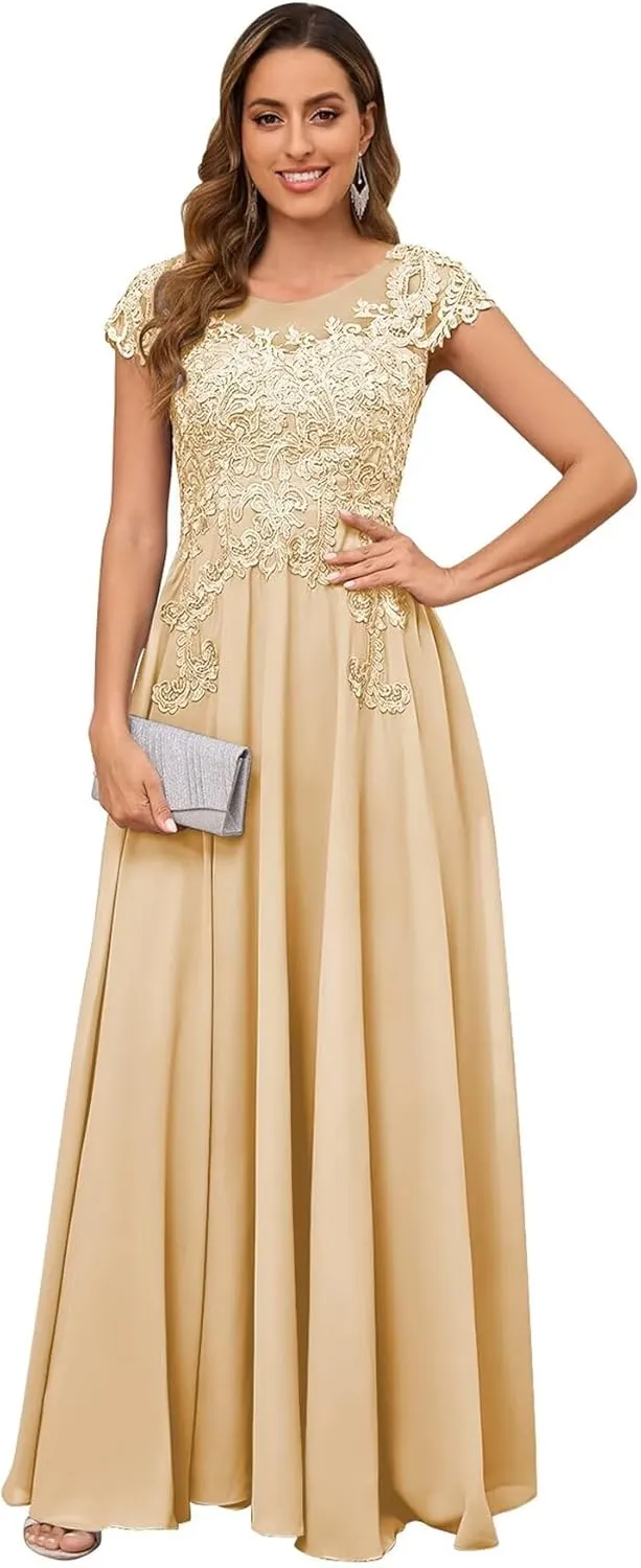 BONOYUER Lace Applique Mother of The Bride Dresses for Women Chiffon Formal Wedding Guest Dress with Pockets