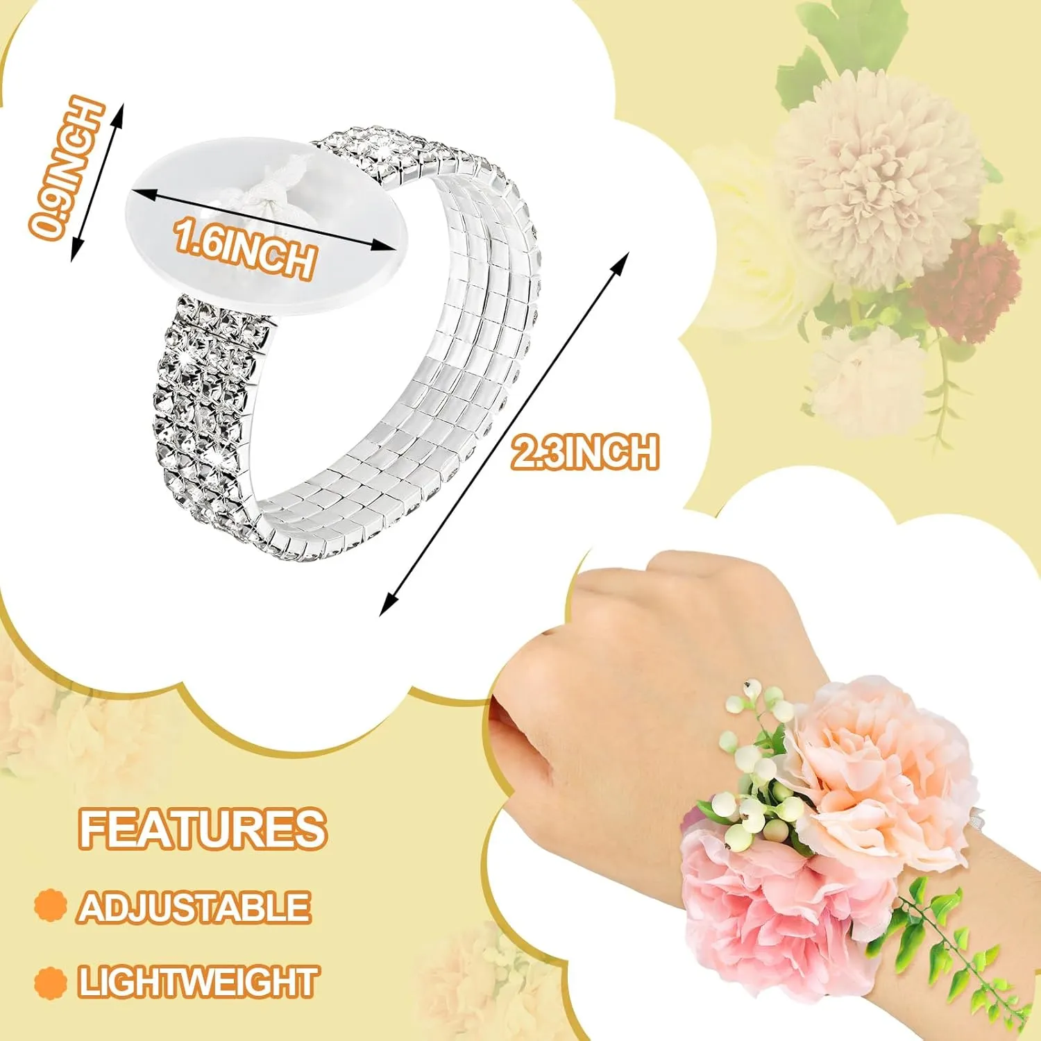Bonuci 4 Pieces Corsage Wristlet Bands Rhinestone Bracelet Wristlets Stretch DIY Wedding Wristband Corsage Accessories Bracelets for Wedding Party Prom Bride Shower Party Anniversary
