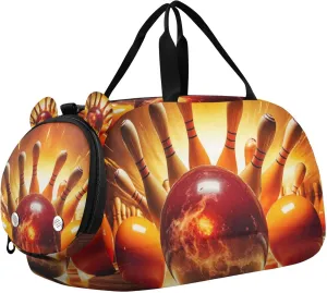 Bowling Ball Hits The Pins Duffle Bag for Kids Girls Boys, Sports Gym Bag with Shoe Compartments, Kids Travel Overnight Weekender Shoulder Bag
