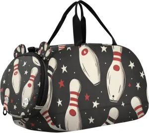 Bowling Sports Stars Black Duffle Bag for Toddler Boys Girls, Gym Sports Bag with Shoe Compartments, Kids Travel Overnight Weekender Shoulder Bag