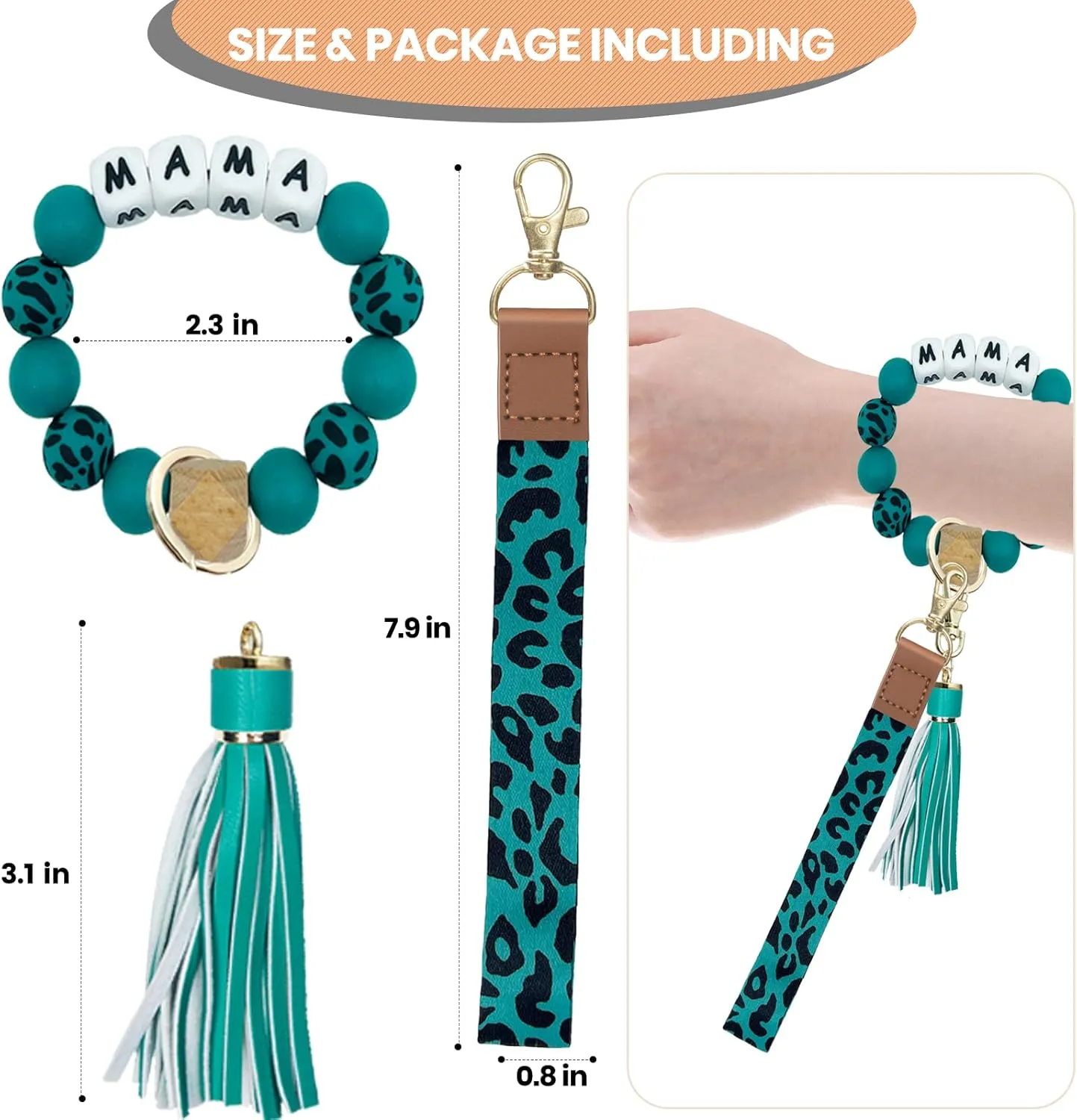 Bracelet Wristlet Keychain with Lanyard for Keys, Silicone Beaded Key Ring for Women, Mother's day Christmas Gift