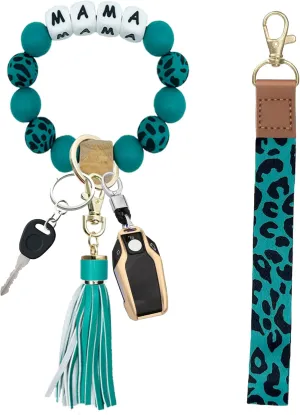 Bracelet Wristlet Keychain with Lanyard for Keys, Silicone Beaded Key Ring for Women, Mother's day Christmas Gift