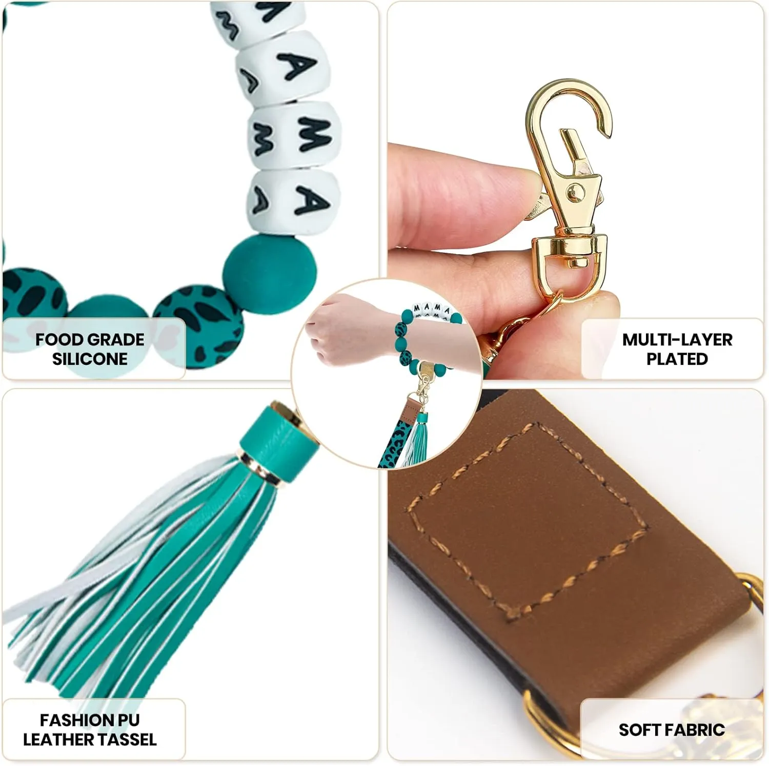 Bracelet Wristlet Keychain with Lanyard for Keys, Silicone Beaded Key Ring for Women, Mother's day Christmas Gift