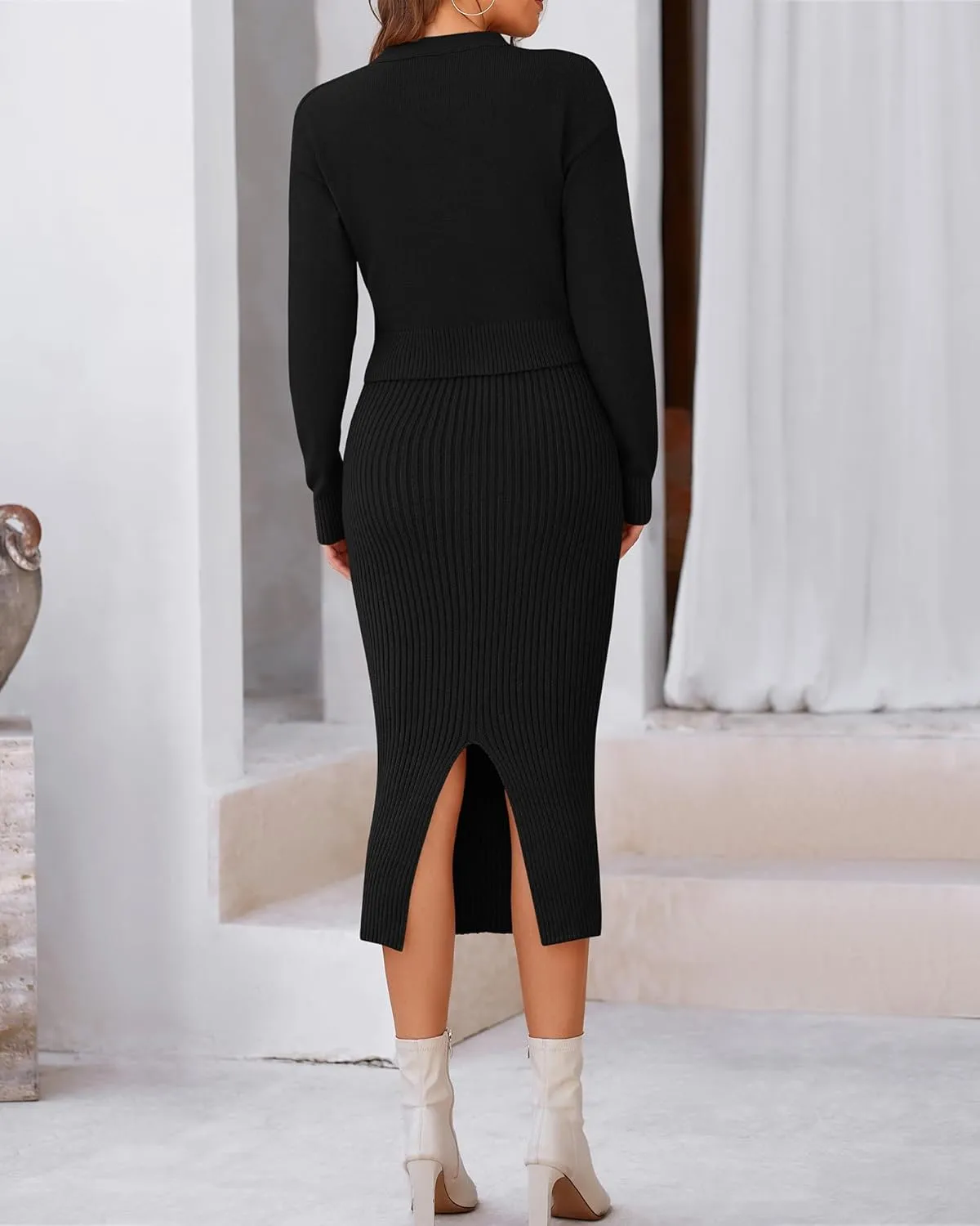 BTFBM Women Fall Knit Sweater Dress Set Bodycon Slit Midi Dresses Button Down Long Sleeve Cropped Cardigan 2 Piece Sets