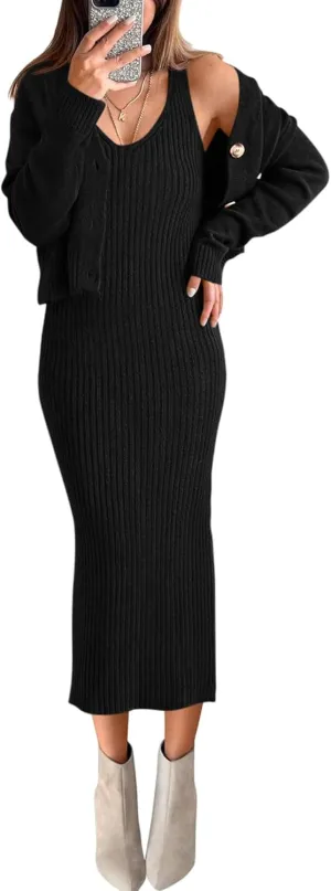 BTFBM Women Fall Knit Sweater Dress Set Bodycon Slit Midi Dresses Button Down Long Sleeve Cropped Cardigan 2 Piece Sets