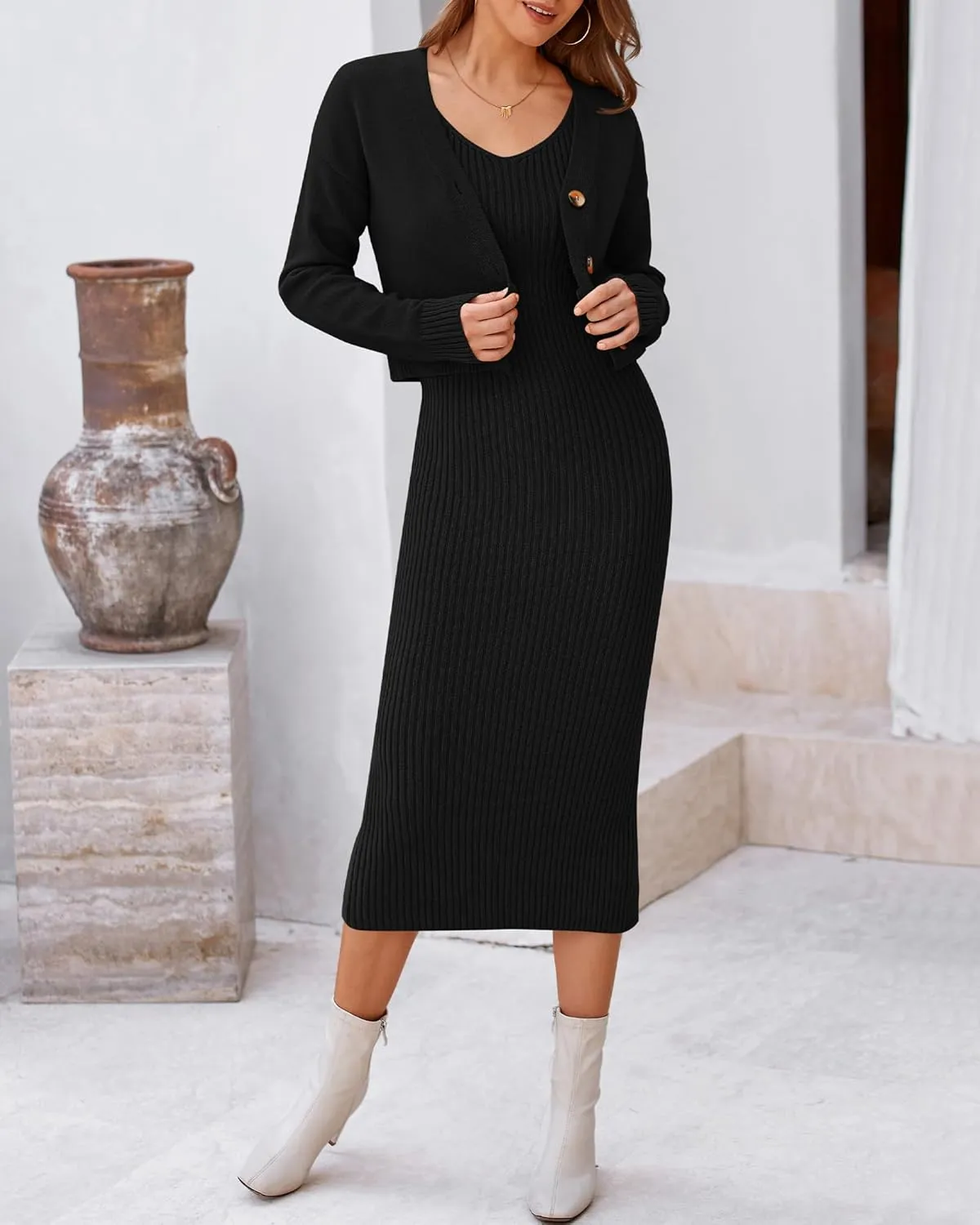 BTFBM Women Fall Knit Sweater Dress Set Bodycon Slit Midi Dresses Button Down Long Sleeve Cropped Cardigan 2 Piece Sets