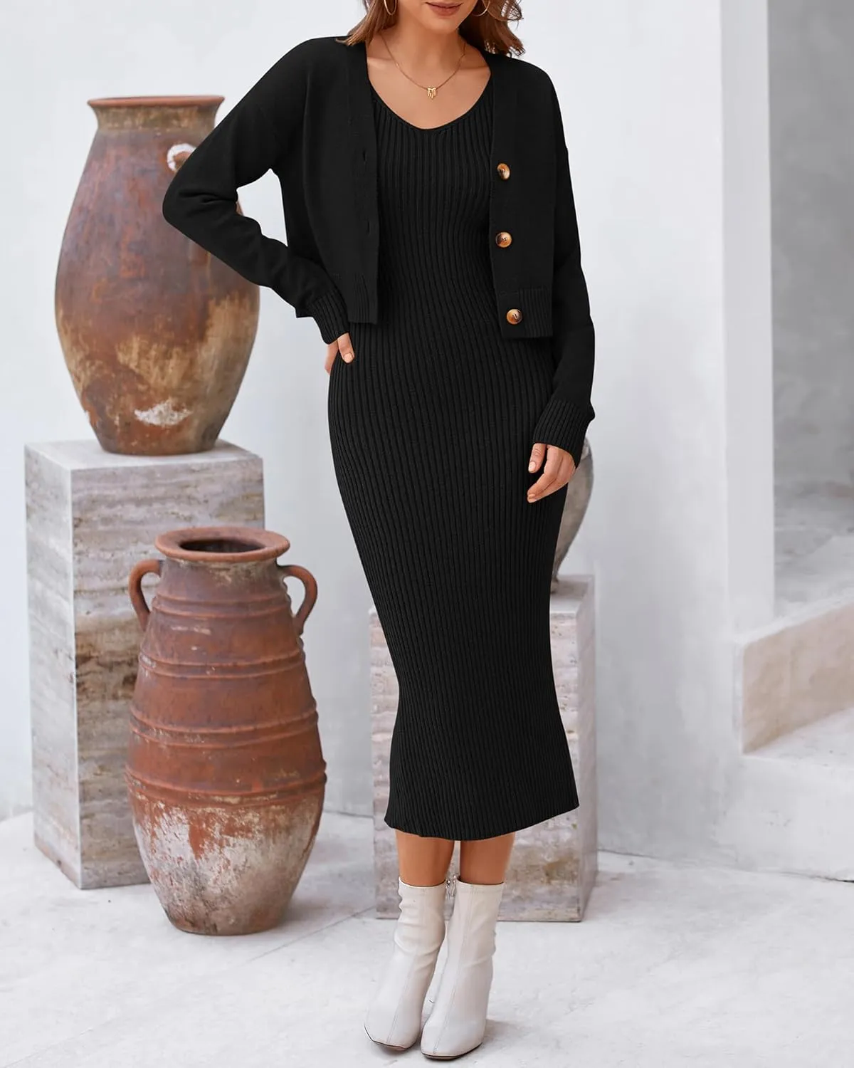 BTFBM Women Fall Knit Sweater Dress Set Bodycon Slit Midi Dresses Button Down Long Sleeve Cropped Cardigan 2 Piece Sets