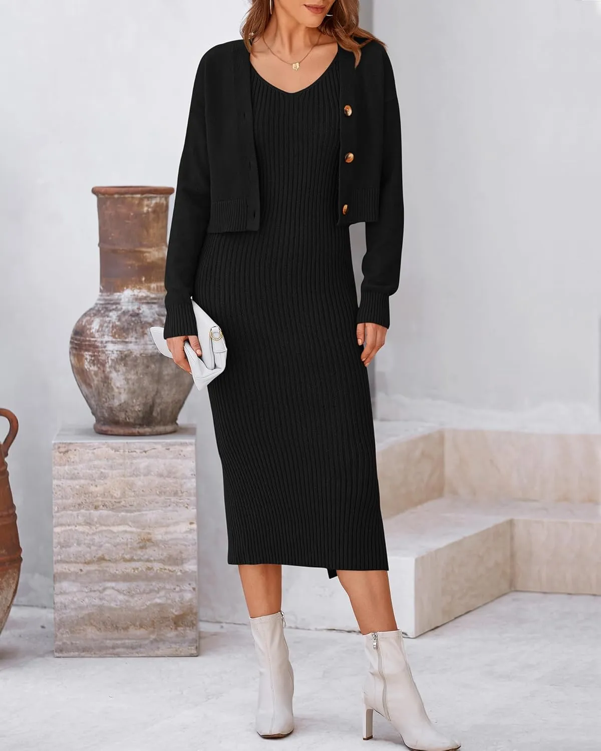 BTFBM Women Fall Knit Sweater Dress Set Bodycon Slit Midi Dresses Button Down Long Sleeve Cropped Cardigan 2 Piece Sets