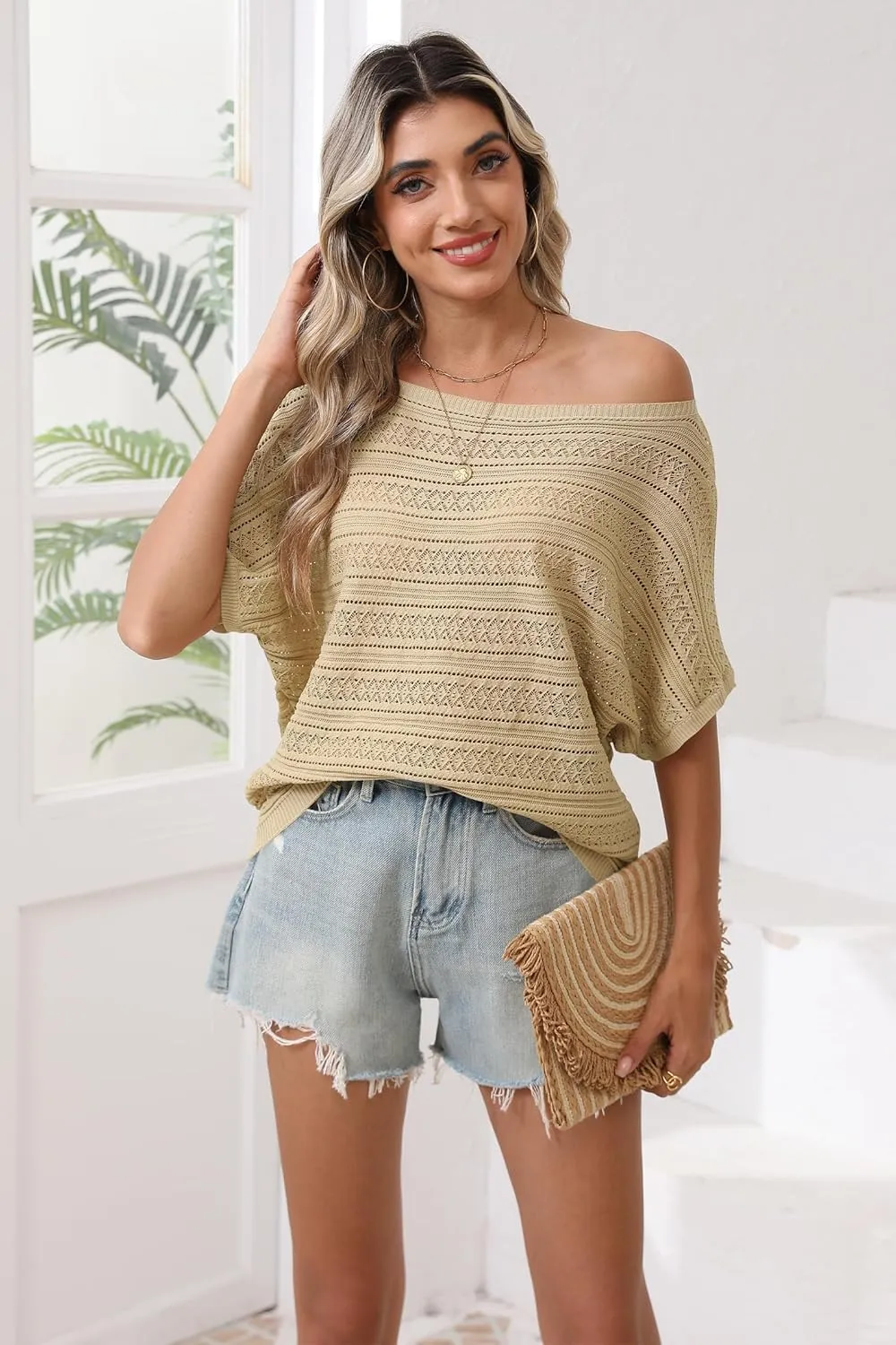 Cakulo Summer Off The Shoulder Tops for Women Crochet Short Sleeve Batwing Knit Spring Oversized Sweater Top