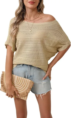 Cakulo Summer Off The Shoulder Tops for Women Crochet Short Sleeve Batwing Knit Spring Oversized Sweater Top