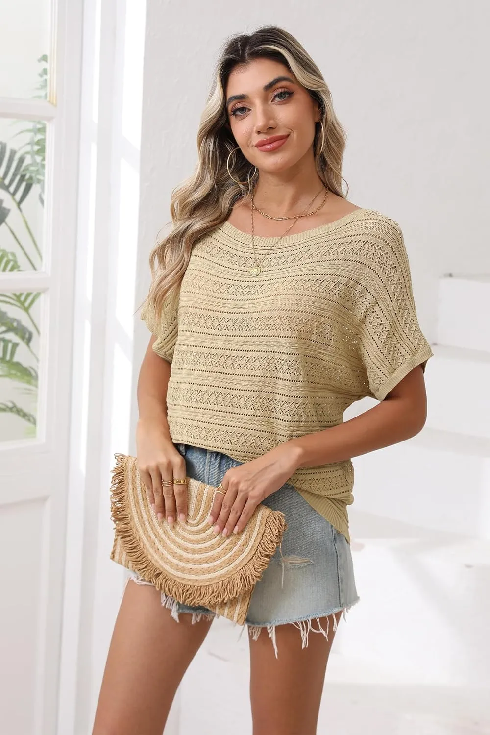 Cakulo Summer Off The Shoulder Tops for Women Crochet Short Sleeve Batwing Knit Spring Oversized Sweater Top