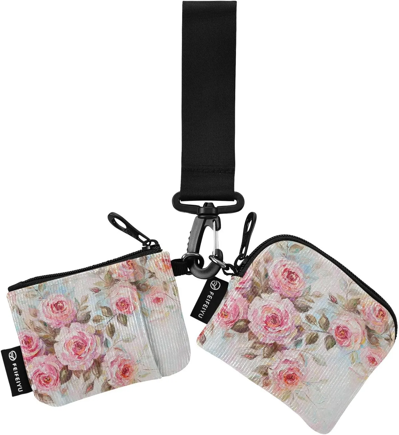 Chic Pink Rose Flower Wristlet Keychain Wallets for Women Portable Small Coin Purse