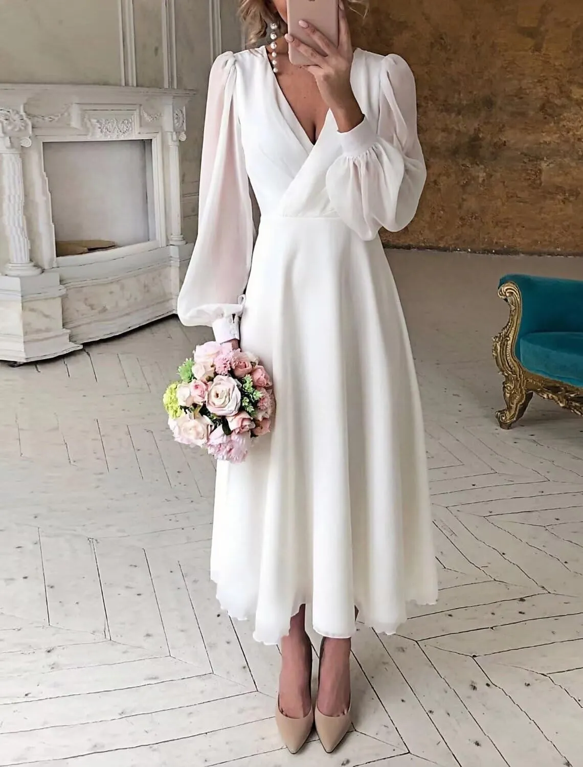 Chiffon Long Sleeve Bridesmaid Dresses A Line Tea Length Wedding Guest Dress for Women V Neck Formal Gown