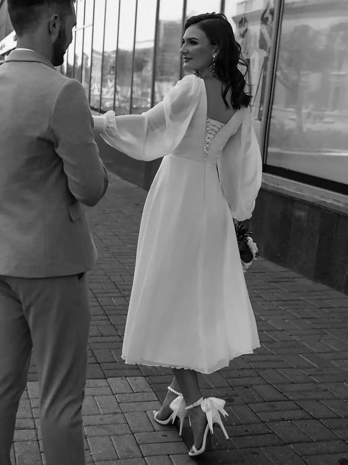 Chiffon Long Sleeve Bridesmaid Dresses A Line Tea Length Wedding Guest Dress for Women V Neck Formal Gown