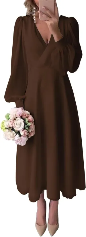 Chiffon Long Sleeves Bridesmaid Dresses A Line Tea Lengh Formal Evening Gowns V Neck Wedding Guest Dress for Women