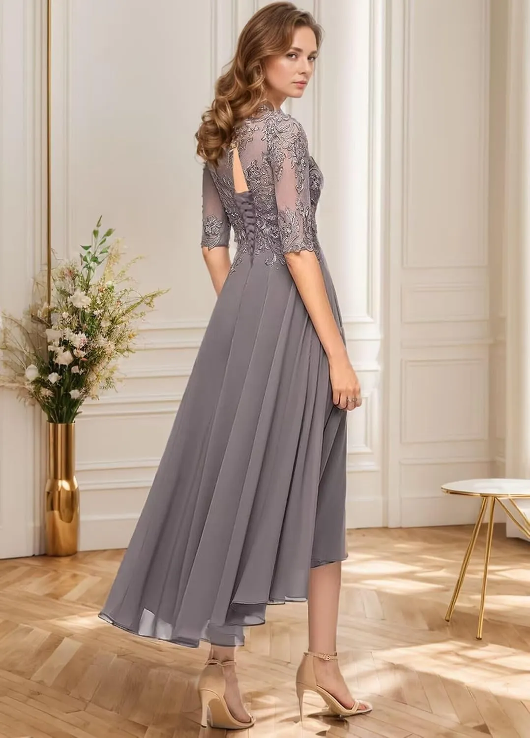 Chiffon Mother of The Bride Dresses for Wedding Tea Length 1/2 Sleeve Lace Formal Evening Gowns