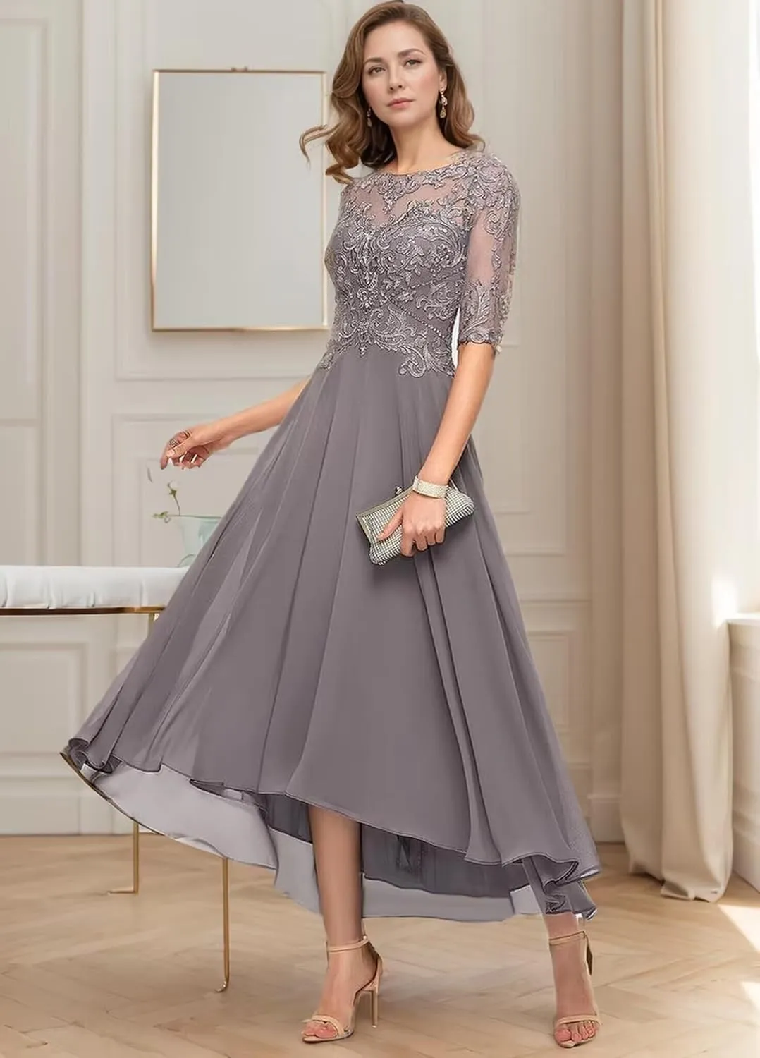 Chiffon Mother of The Bride Dresses for Wedding Tea Length 1/2 Sleeve Lace Formal Evening Gowns