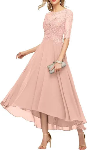 Chiffon Mother of The Bride Dresses for Wedding Tea Length 1/2 Sleeve Lace Formal Evening Gowns