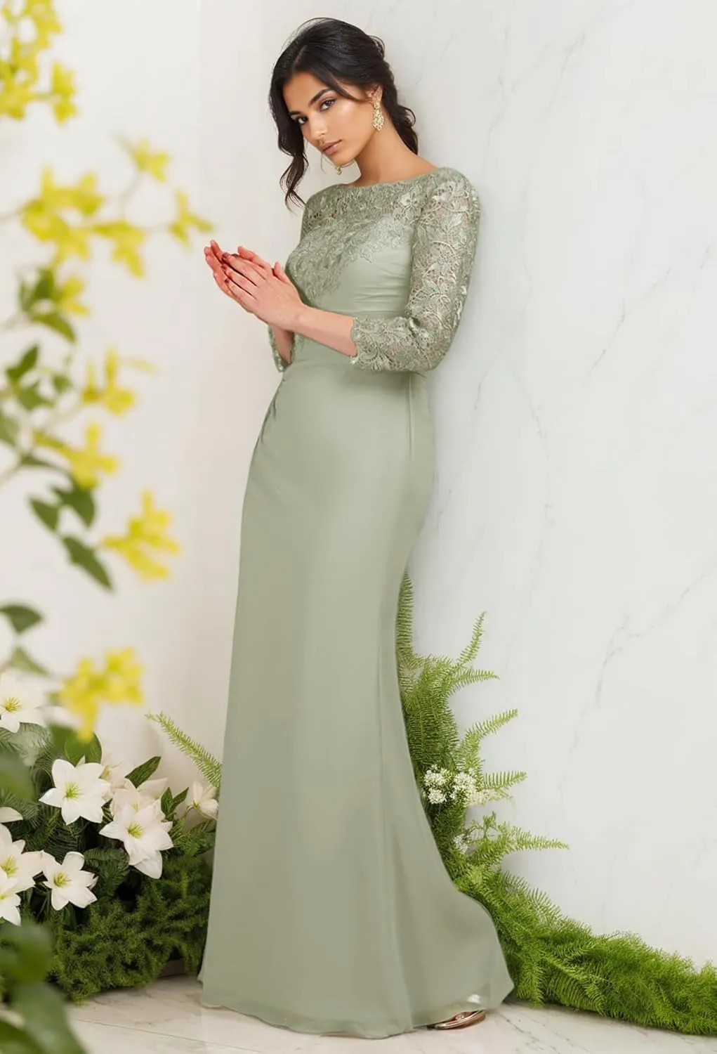 Chiffon Mother of The Bride Dresses for Women Half Sleeve Formal Dress Long Lace Evening Gowns