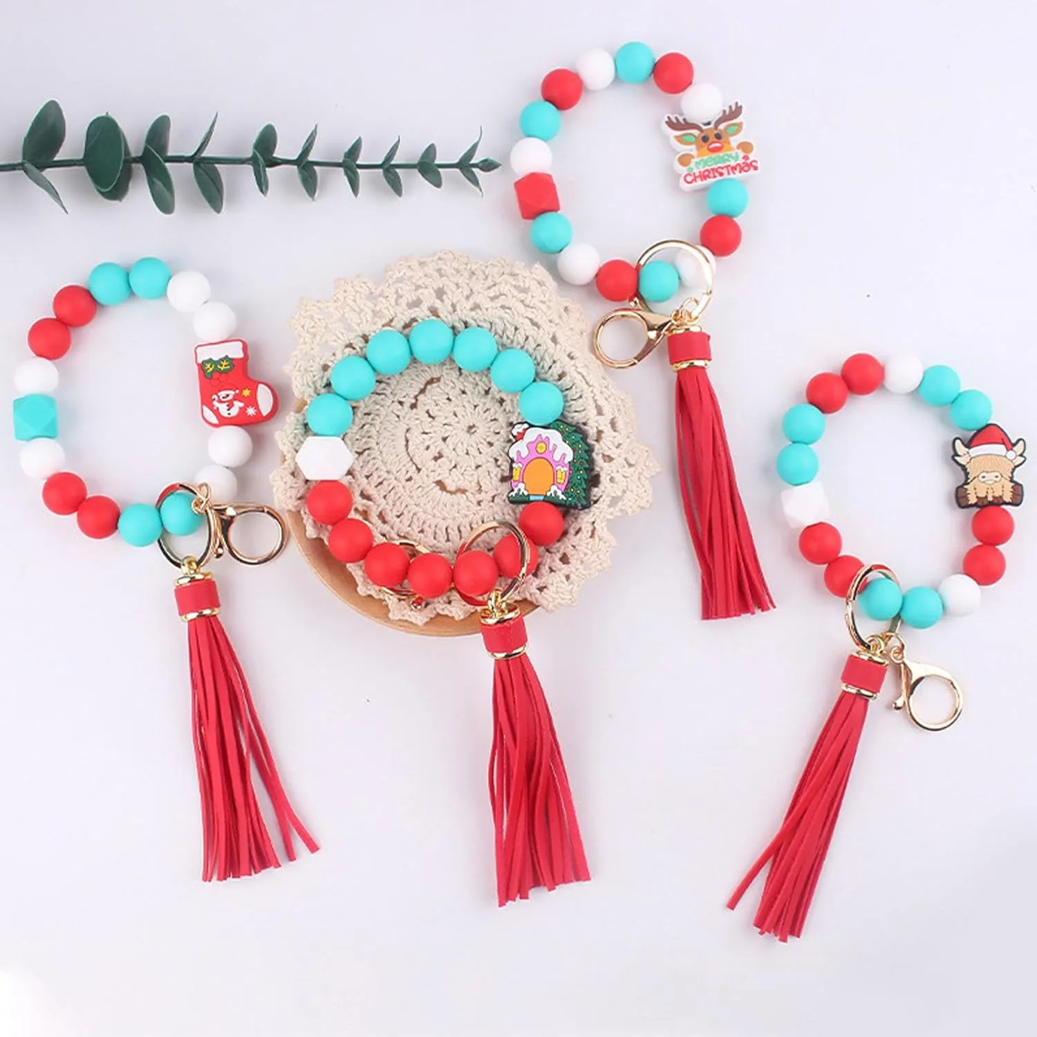 Christmas Bracelets Keychain Silicone Bead Wristlet Leather Tassel,Key Holder Wrist Bracelet Keychain for Women