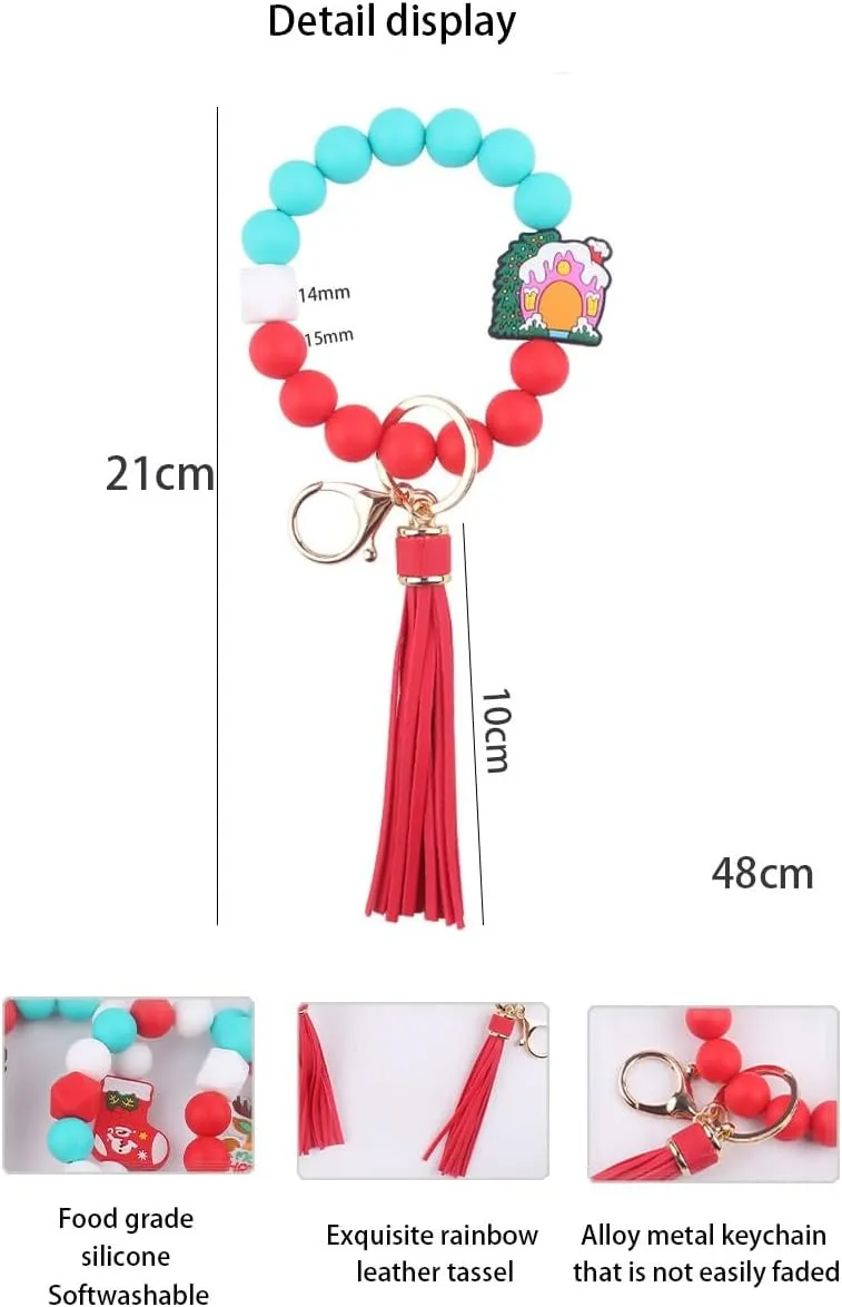 Christmas Bracelets Keychain Silicone Bead Wristlet Leather Tassel,Key Holder Wrist Bracelet Keychain for Women