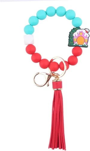 Christmas Bracelets Keychain Silicone Bead Wristlet Leather Tassel,Key Holder Wrist Bracelet Keychain for Women