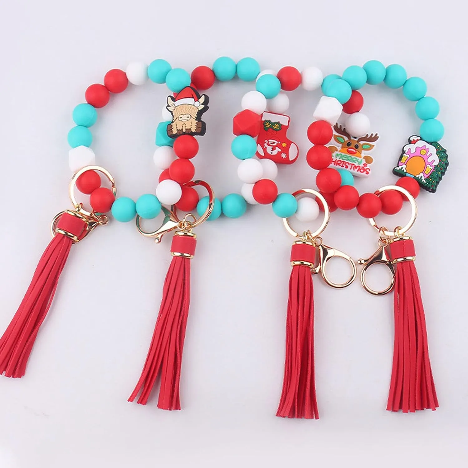 Christmas Bracelets Keychain Silicone Bead Wristlet Leather Tassel,Key Holder Wrist Bracelet Keychain for Women