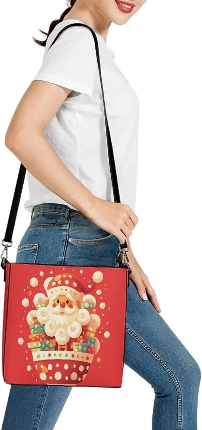 Christmas Tote Bag for Women, Xmas Bucket Totes Bag, PU Leather Shoulder Tote Bags Holiday Gift for Mom Teacher