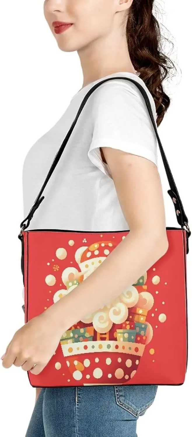 Christmas Tote Bag for Women, Xmas Bucket Totes Bag, PU Leather Shoulder Tote Bags Holiday Gift for Mom Teacher