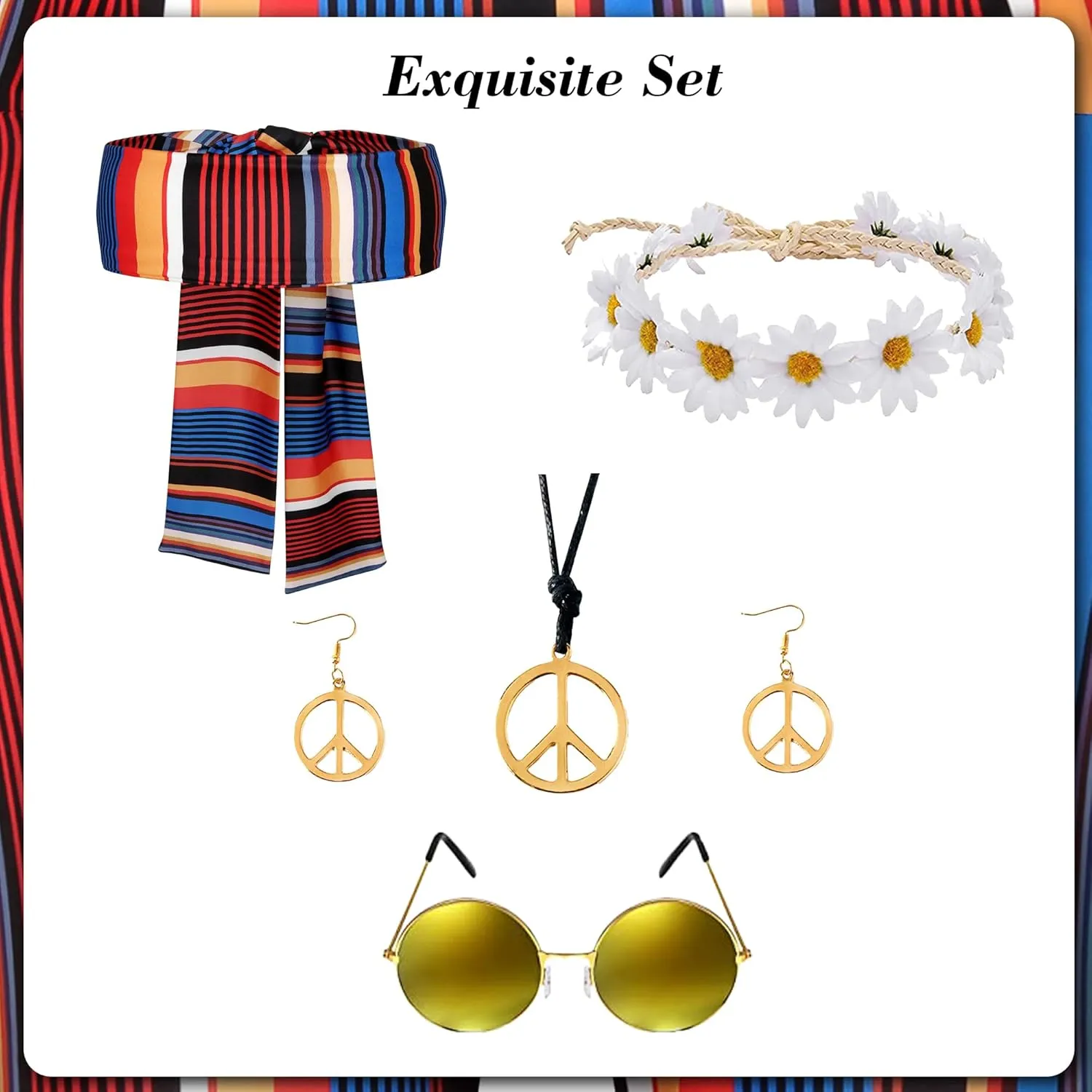 CICOCI 60s 70s Outfit For Women Hippie Costume 8pcs Fringe Vest Flared Pants Costume Peace Sign Necklace Earrings