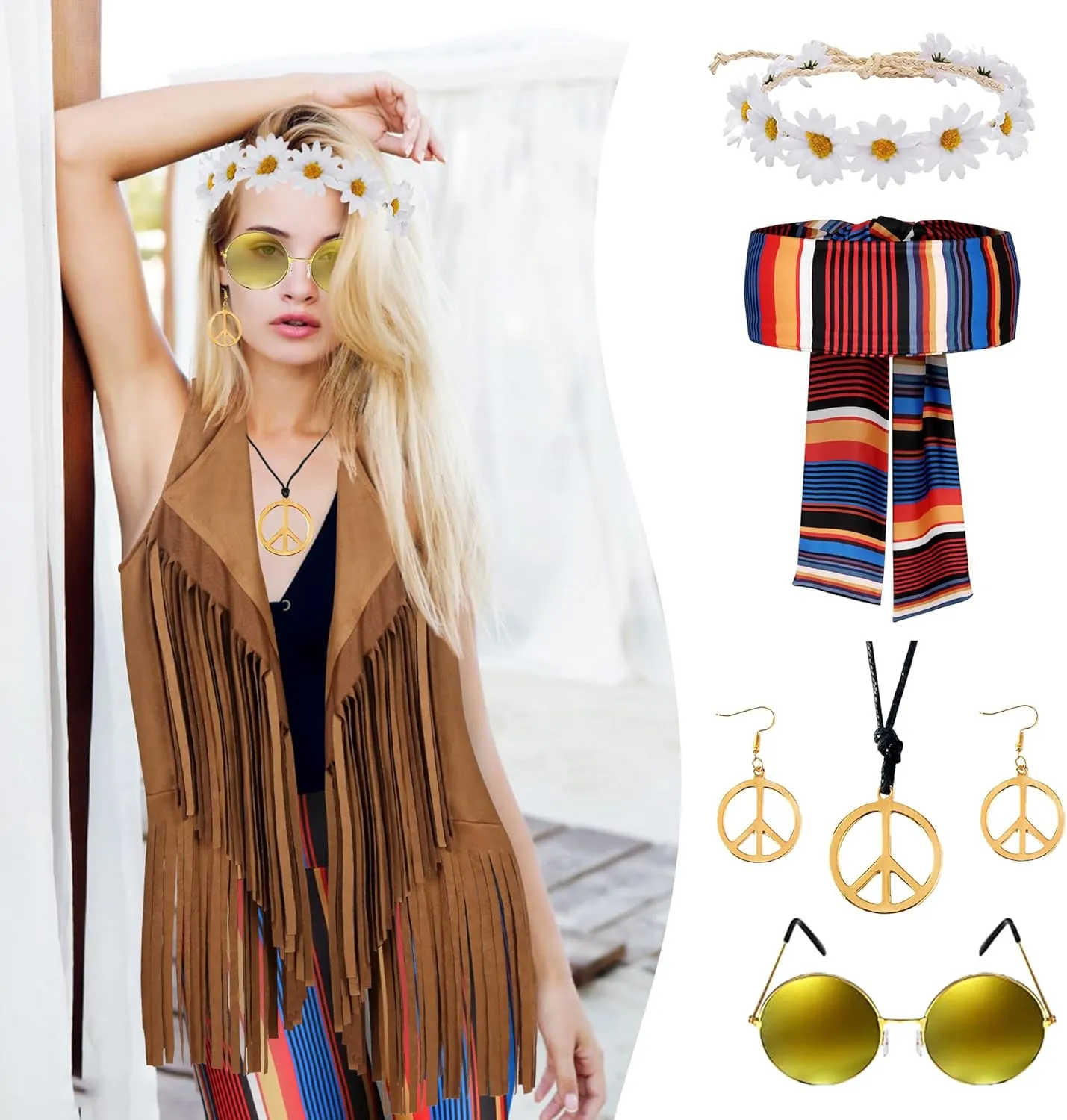 CICOCI 60s 70s Outfit For Women Hippie Costume 8pcs Fringe Vest Flared Pants Costume Peace Sign Necklace Earrings
