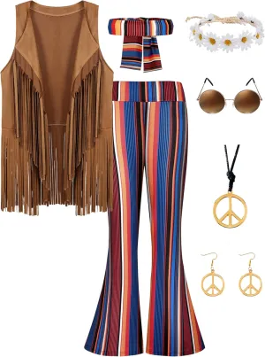 CICOCI 60s 70s Outfit For Women Hippie Costume 8pcs Fringe Vest Flared Pants Costume Peace Sign Necklace Earrings