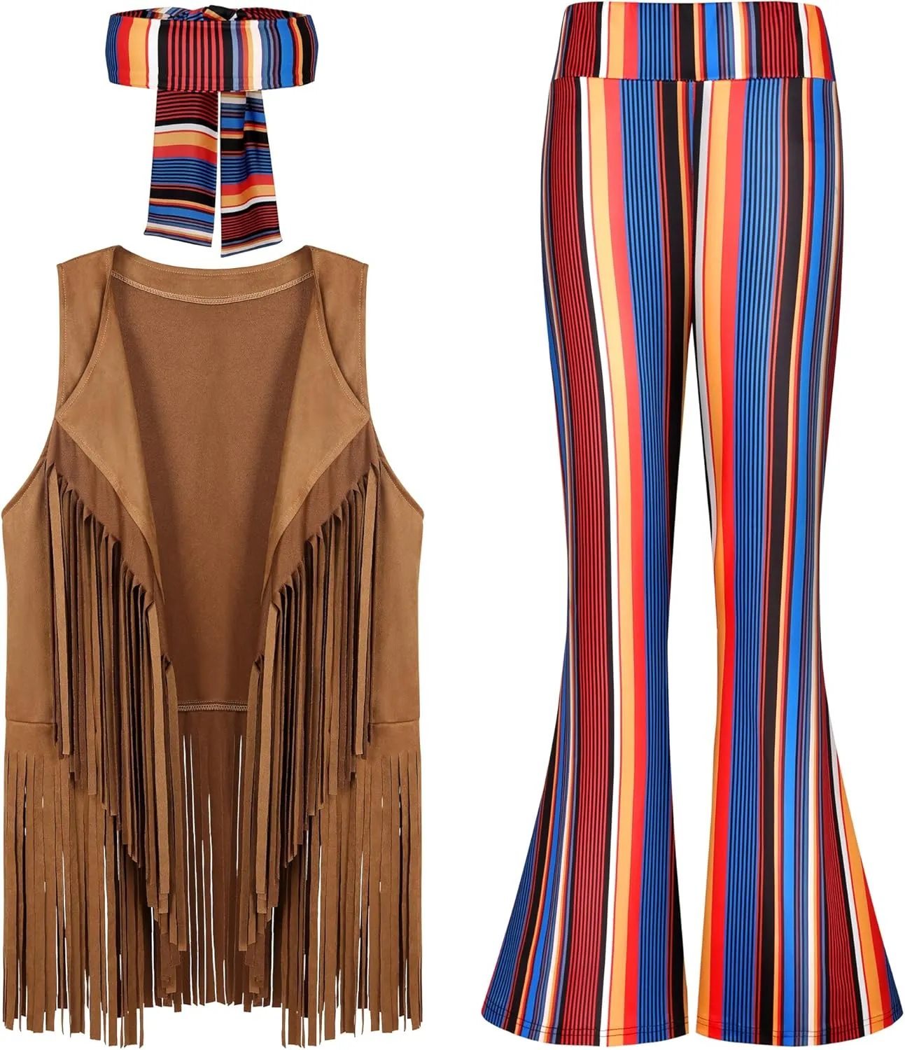 CICOCI 60s 70s Outfit For Women Hippie Costume 8pcs Fringe Vest Flared Pants Costume Peace Sign Necklace Earrings