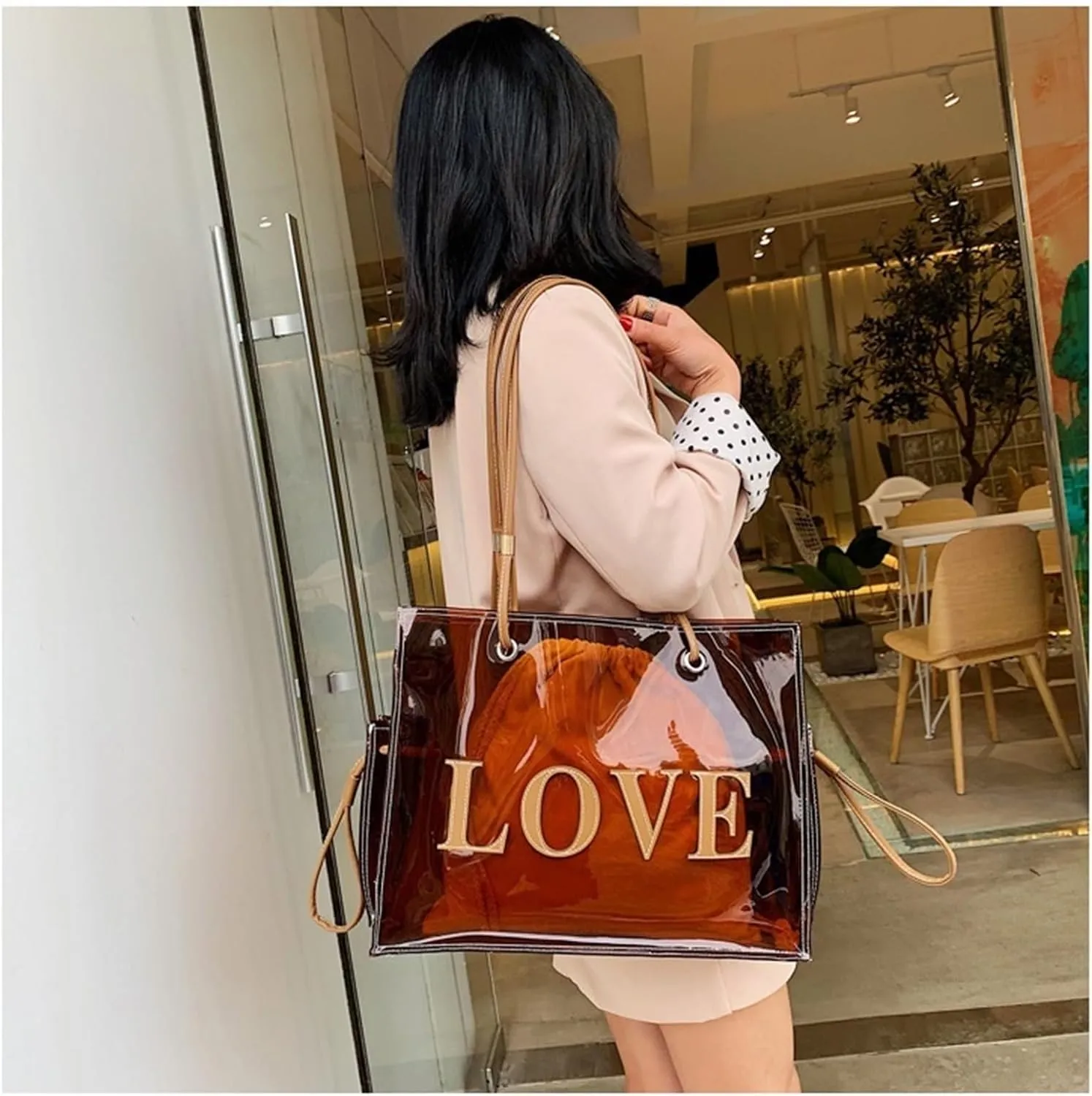 Clear Tote Bags Large Shoulder Bags PVC Beach Totes with Interior Bag Transparent Handbags for Women