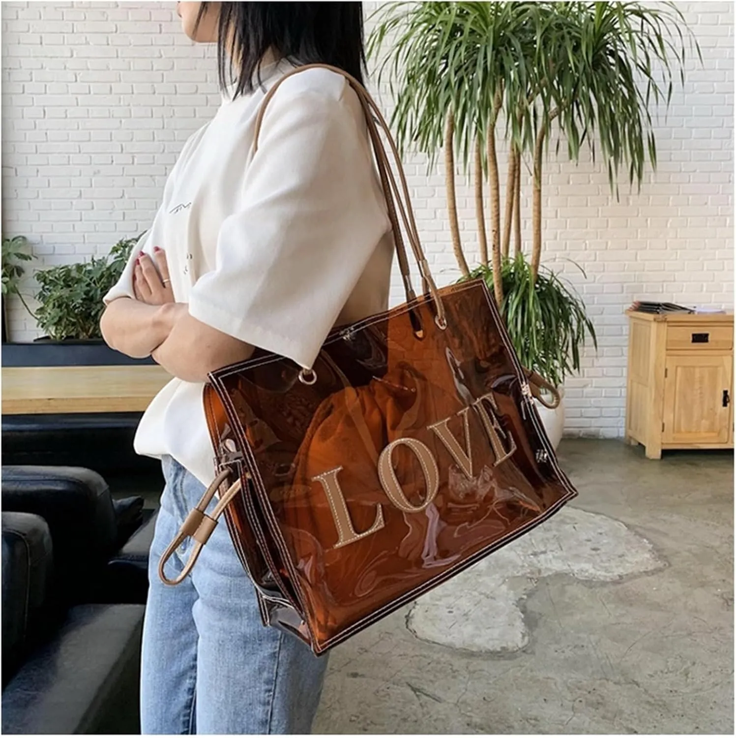 Clear Tote Bags Large Shoulder Bags PVC Beach Totes with Interior Bag Transparent Handbags for Women