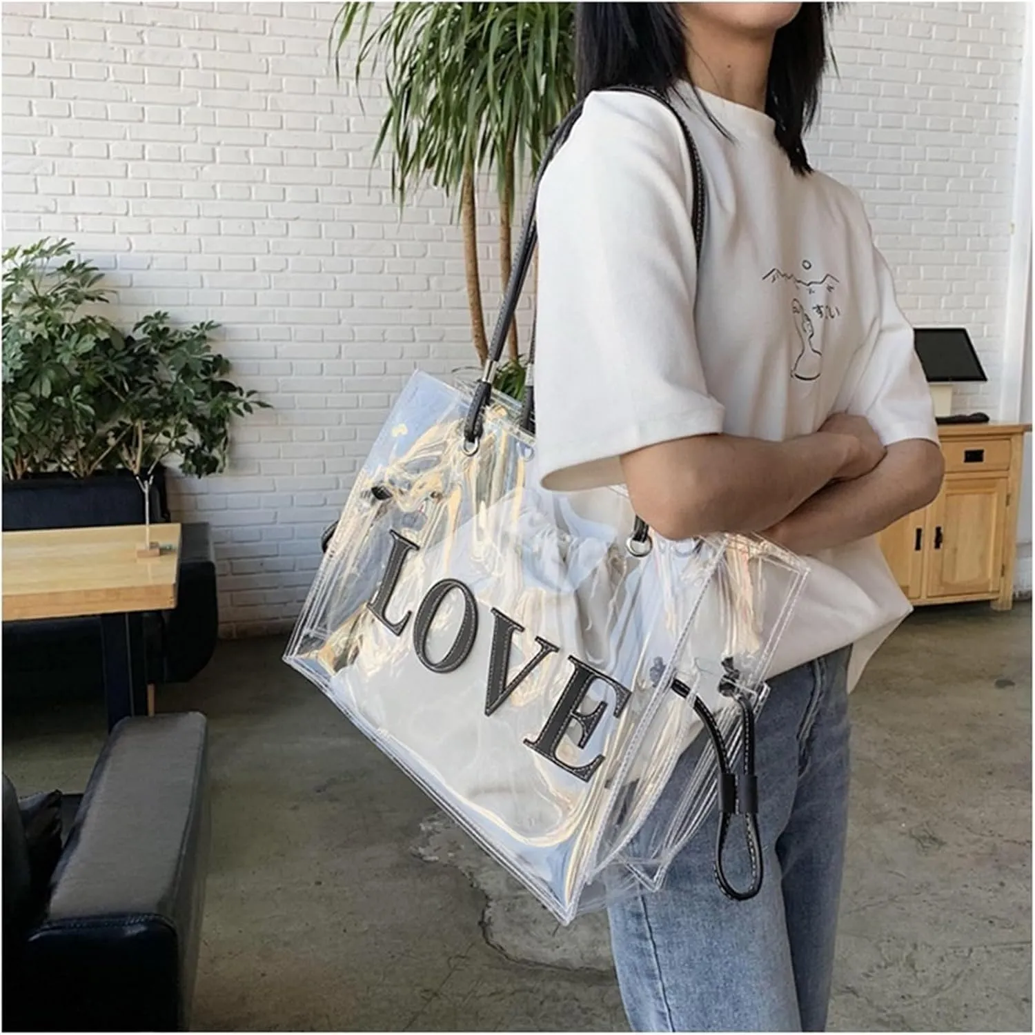 Clear Tote Bags Large Shoulder Bags PVC Beach Totes with Interior Bag Transparent Handbags for Women